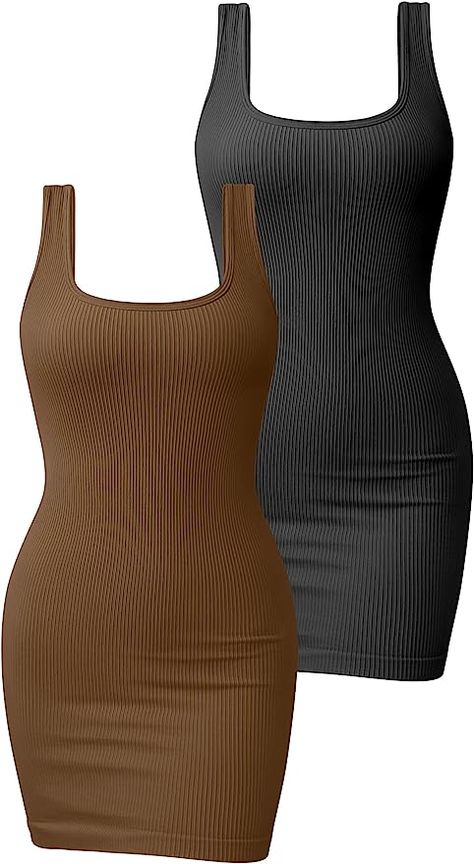 OQQ Women's 2 Piece Dresses Ribbed Sleeveless Square Neck Tank Tops Mini Dress 2 Piece Dresses, Cute Simple Dresses, Square Neck Tank Top, Nike Air Women, Mini Tank Dress, Mini Dress Black, Cute Everyday Outfits, Mini Dresses Summer