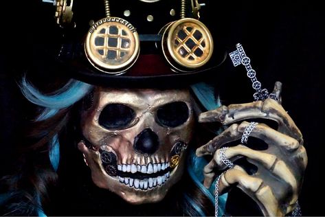 Steampunk skull makeup by MUA Kate Sarycheva using skull prosthetic from mostlydead.com. #steampunk #skullmask #glamandgore #makeupartist #halloweenmakeup Skull Masks, Dark Mind, Steampunk Skull, Skeleton Mask, Character Makeup, The Darkest Minds, Skull Makeup, Skull Mask, Halloween Makeup