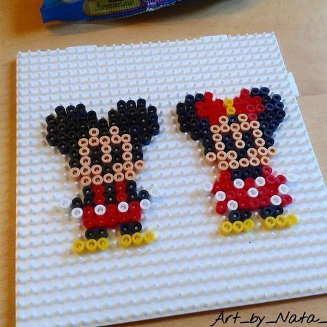 Mickey and Minnie Mouse hama beads by art_by_nata_ Kare Kare, Fuse Bead Patterns, Hama Beads Design, Perler Bead Templates, Perler Crafts, Hama Beads Patterns, Mickey And Minnie Mouse, Diy Perler Beads, Melting Beads