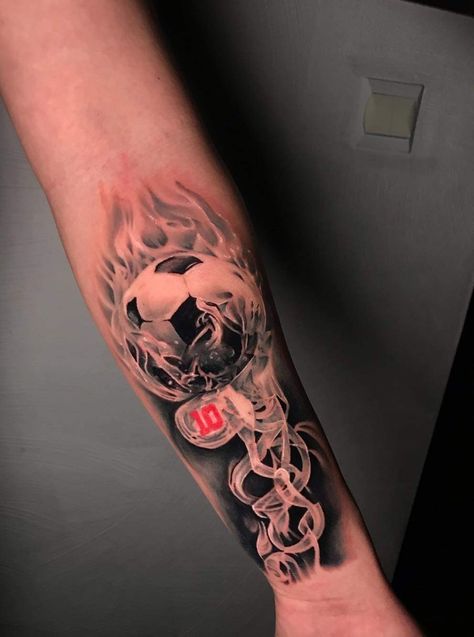 Football Themed Tattoos, Soccer Sleeve Tattoo, Football Tattoo Designs Soccer, Soccer Tattoos For Men Leg, Football Tattoo Ideas For Men Leg, Football Tattoos For Men, Tattoo Futbol Ideas, Football Tattoo Ideas For Men, Soccer Tattoos For Men