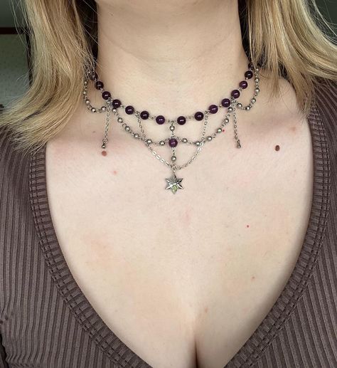 ‘Vienna’ Necklace 💜 made with amethyst beads, stainless steel beads, stainless steel findings, and stainless steel chain 34cm + 7cm extension chain available now, link in bio ✨ #explorepage #jewelry #necklace #handmade Jewellery Gift Ideas, Dark Beaded Necklace, Bead And Chain Necklace, Necklace Ideas Handmade, Diy Beaded Necklace, Faery Jewelry, Coquette Jewelry, Skateboard Photos, Diy Jewelry Necklace