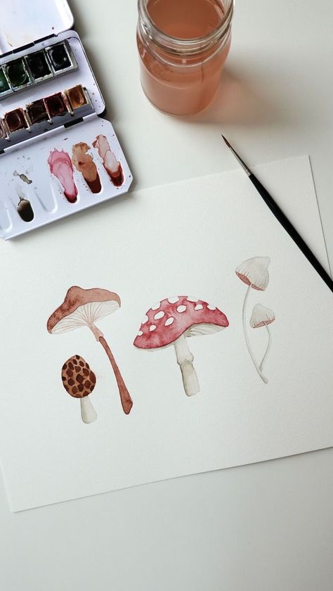 Creative Watercolour Painting, Watercolor Mushroom Painting Tutorial, Cute Water Colour Art, Easy Mushroom Watercolor, Watercolor Art Inspiration Ideas, Drawings For Watercolor Painting, Quick Watercolor Sketches, Watercolor Paint Aesthetic, Watercouler Paintings Aesthetic