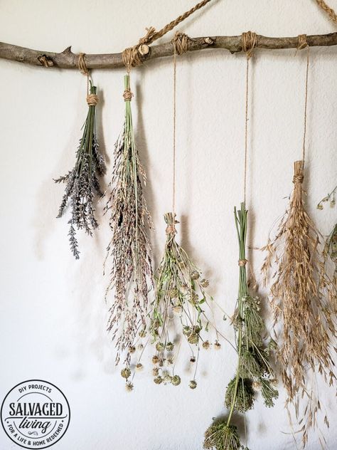 Make a stunning wall hanging from dried flowers and dried grasses for you a boho chic wall hanging in your home. This simple DIY is budget-friendly decor at it's finest! #wallart #driedflowers #bohodecor #farmhousewallart Wall Decor Dried Flowers, Dried Hanging Flowers Wall Decor, How To Hang Branches On Wall, Dried Flowers Hanging From Stick, Dried Flower Mobile Nursery, Dried Plants Decor Wall Art, Dried Flowers Ideas Wall Decor, Nature Wall Decor Diy, Nature Wall Hanging