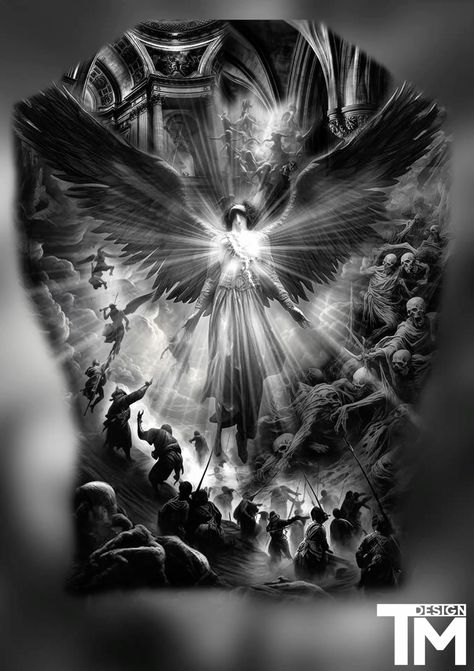 Angel Demon Tattoo Men, Skull And Angel Tattoo, Whispering Angel Tattoo, Guardian Angel Back Tattoo, Dark Angel Tattoo Men, Battle Angel Tattoo, Good Evil Tattoo, Heaven And Hell Tattoo Sleeve, Archangels Tattoo