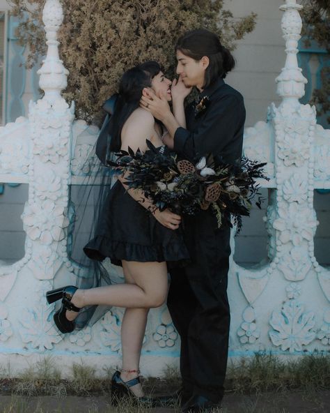 in case you were wondering how an all black wedding look.. looks. 🖤 Courthouse Wedding Black Dress, Black Vintage Wedding Dress, All Black Wedding Suit For Groom, Edgy Wedding Photos, Gothic Engagement Photos, Goth Elopement, Courthouse Wedding Outfit, Goth Engagement, All Black Wedding