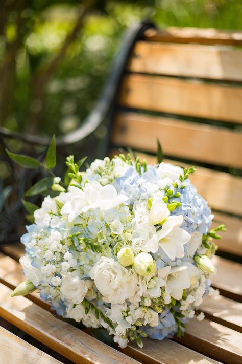 Bridal Bouquet White Hydrangea Green, White Bouquet Blue Accent, Blue White Bouquet Wedding, Light Blue Hoco Bouquet, White Bridal Bouquet With Hint Of Blue, Small White And Blue Bouquet, White And Green Hydrangea Bouquet, White Blue Bridal Bouquet, Blue And White Bridal Bouquet Hydrangeas