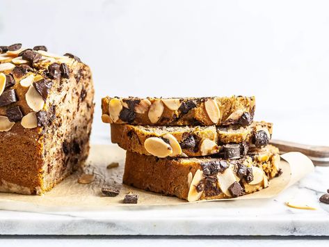 Banana Bread with Almond Milk and Chocolate Chips Recipe | Foodaciously Banana Bread Almond Flour, Chocolate Chips Recipe, Healthy Dark Chocolate, Chocolate Chip Banana Bread, Chocolate Chip Recipes, Chips Recipe, Loaf Cake, Banana Cake, Dark Chocolate Chips