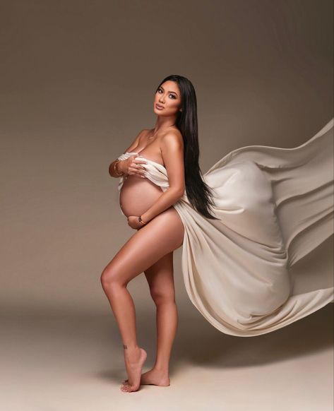 Beige Maternity Photoshoot, Classy Maternity Photoshoot, Maternity Shoot With Fabric, Maternity Shoot Makeup Ideas, Nude Maternity Shoot, Studio Maternity Shoot, Maternity Studio Photoshoot, Studio Maternity Photos, Pregnancy Belly Photos