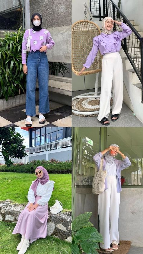 Ootd Purple Outfit Hijab, Purple Style Outfit Hijab, Lilac Outfit Hijab, Purple Hijab, Mix And Match Outfit, Ootd Ngampus, Outfit Ideas Hijab, Lavender Outfit, Outfit Simple