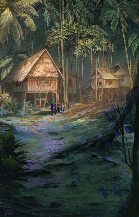 ArtStation - Jungle Village, Klaudia Bezak Jungle Village Concept Art, Fantasy Jungle Village, Fantasy Jungle Art, Jungle Fantasy Art, Village Drawing Landscapes, Jungle Village, China Village, Village Illustration, Jungle Pictures