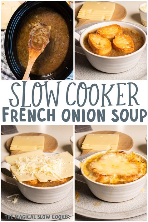 Make Slow Cooker French Onion Soup in your slow cooker. It has a rich buttery onion broth that is great with homemade croutons and cheese broiled on top. - The Magical Slow Cooker Onion Soup Crockpot, French Onion Soup Recipe Slow Cooker, Slow Cooker French Onion Soup, Crockpot French Onion Soup, Soup Store, Magical Slow Cooker, Favorite Soups, The Magical Slow Cooker, French Onion Soup Recipe