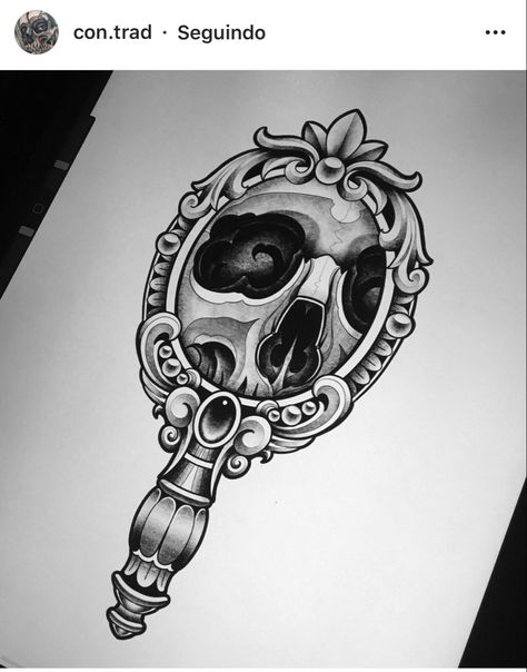 Neo Traditional Gothic Tattoo, Neo Traditional Mirror Tattoo, Neo Traditional Skull Tattoo Design, Neo Traditional Frame, Mirror Tattoo, Frame Tattoo, Mirror Tattoos, Filigree Tattoo, Geometric Sleeve Tattoo