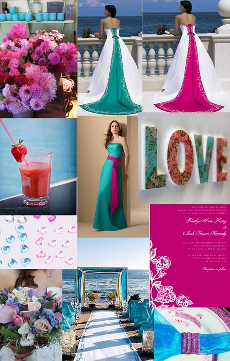 teal and hot pink wedding parties | Weddingzilla: Turquoise and Pink Wedding Inspiration Board Teal And Pink Wedding, Turquoise Wedding Theme, Teal Wedding Theme, Turquoise Wedding Decorations, Hot Pink And Teal, Pink Wedding Decor, Wedding Color Combinations, Pink Wedding Decorations, Hot Pink Weddings