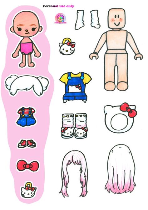 Pink Ping World Paper Doll, Draw Hello Kitty, Paper Toy Printable, Diy Hello Kitty, Paper Doll Printable Templates, House Tutorial, Hello Kitty Printables, Paper Dolls Clothing, Kitty Clothes