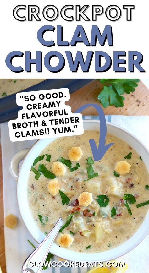 This crockpot New England clam chowder recipe has a wonderfully delicious creamy broth chock full of tender clams, crispy smoky bacon, perfectly cooked potatoes, and simple seasonings. To keep this crockpot clam chowder soup recipe easy, accessible, and inexpensive, I used canned clams and it's delish! Enjoy - it's total comfort food! Crockpot Clam Chowder Recipe, Crock Pot Clam Chowder, Crockpot Clam Chowder, Slow Cooker Clam Chowder, Clam Chowder New England, Canned Clams, Clam Chowder Soup, Clam Chowder Recipe, Cooked Potatoes