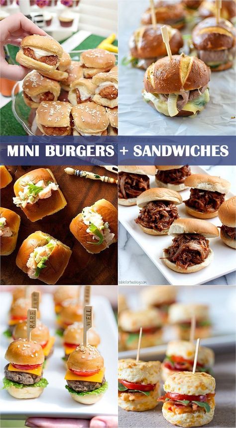 Mini Burgers and Sandwiches for Parties Sandwiches For Parties, Food Finger, Tea Party Sandwiches, Mini Hamburgers, Mini Burger, Party Sandwiches, Mini Burgers, Mini Sandwiches, Party Finger Foods