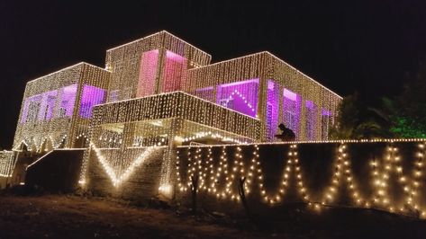 Diwali House Lighting Outdoor, Diwali Lights Decoration House, Shadi Decor, First Birthday Decorations Boy, House Warming Decor, House Lighting Outdoor, Diwali Light, Lighting House, Urdu Calligraphy