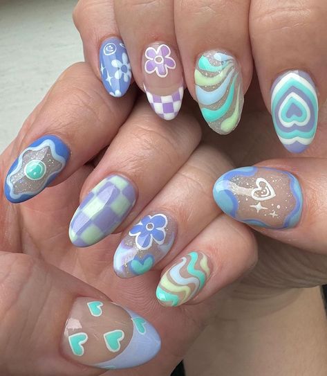 Colorful Nail Inspo Aesthetic, Nail Inspo Pattern, Builder Gel Nail Art Designs, Different Pattern Nails, Trippy Nail Ideas, Mismatched Nails Summer, Happy Nails Designs, Silly Nail Art, Multi Design Nails