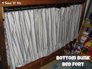 The 5 Minute, No Sew, Bottom Bunk-Bed Fort - 4 Sons 'R' Us Bottom Bunk Ideas, Bunk Bed Curtains Diy, Bunk Bed Fort, Bunk Bed Curtain, Bunk Bed Curtains, Bunk Bed Tent, Rv Bunk Beds, Bunk Beds For Girls Room, Bed Fort