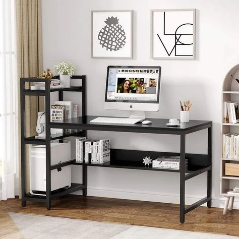 Modern Wood Desk, Metal Computer Desk, Home Office Workspace, Large Office Desk, Large Computer Desk, Computer Desk With Shelves, Living Room And Office, Study Writing, Under Desk Storage