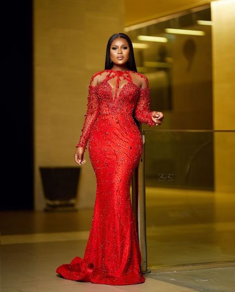 Red Lace Short Gown Styles Nigerian, Red Lace Gown Styles Nigerian, Red Lace Asoebi Styles, Red African Wedding Dress, Red Asoebi Lace Styles, Reception Gown For Bride In Nigeria, Bridal Reception Dress Nigeria, Red Dinner Gown, Red Lace Dress Outfit