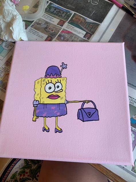 Animal Crossing Canvas Painting, Spongebob Painting Funny, Spongebob Painting Ideas Easy, Funny Spongebob Painting Ideas, Cute Funny Paintings Easy, Random Painting Ideas On Canvas Funny, Spongebob Gifts Diy, Funny Paintings On Canvas, Best Friend Painting Ideas Easy