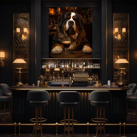 Saint Bernard Drinking Brandy In A Tavern Wall Art, Printable Art, Instant Download, 300DPI  This listing is for a digital download. No physical product will be shipped and the frame is not included. Colors may vary slightly due to viewing different monitors.  You are welcome to print as many copies as you like for personal use, but please note that they are not to be used for commercial purposes. Simply purchase, download and print.         This is a digital download.          No physical produ Bar Wall Art Kitchen, French Bistro Bar Shelves For Media Room, Bar Lounge Living Room Ideas, Bar Wall Art Behind, Sofa In Bar Lounge, Aged Mirror Back Bar, Basement Whisky Bar, Bar Wall Art Rustic, Bar Wall Art Lounge