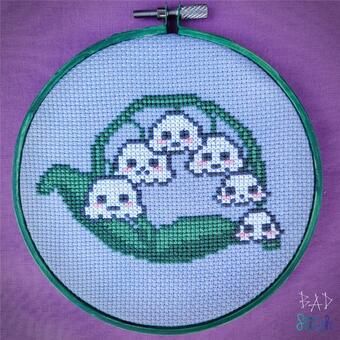 This is a beginner-friendly design of lily of the valley flowers, but with a spooky vibe. The printed pattern is in full color and the finished design is easily finished in standard sized frames. Pattern is shown in full color blocks with symbols.  Pattern is stitched on the fabric of your choice using DMC threads. Stitch count is 62w x 49h. Cross Stitch Lily, Cottagecore Cross Stitch, May Flower, Kawaii Cross Stitch, Thread Crafts, Halloween Cross Stitch, Owl Cross Stitch, Halloween Cross Stitch Patterns, Lily Of The Valley Flowers