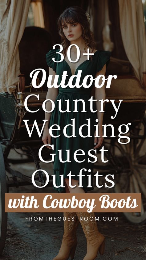 a woman wears country wedding guest outfit with cowboy boots, western outfits Boots To A Wedding As A Guest, Country Casual Outfits Wedding, Cowboy Ball Outfit, Wedding Guest Cowgirl Outfit, Wedding Guest Country Outfit, Texas Wedding Outfit Guest, Wedding Jeans Outfit, Country Wedding Dresses With Boots Guest, Cowboy Wedding Outfits For Women