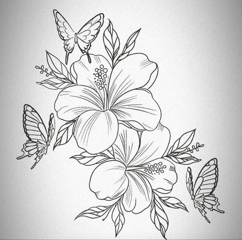 Chest And Shoulder Tattoo Female, Hibiscus And Butterfly Tattoo, Tropical Flowers Tattoo, Butterfly And Flower Tattoo Designs, Tattoos Hibiscus, Tropical Flower Tattoo, Tattoo Flower Drawing, Printable Tattoo Designs, Hibiscus Tattoos