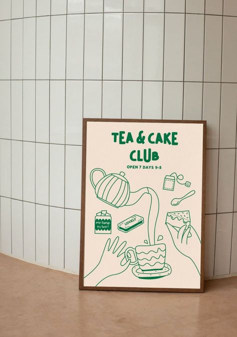 Tea & Cake Club🫖 Tea Shop Aesthetic, Cowgirl Cookies, Cake Art Print, Bakery Packaging Design, Coffee Poster Design, Opening A Cafe, Tea And Cake, Tea Club, Coffee Shop Branding