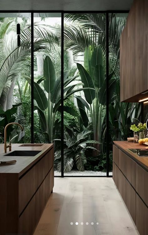 Nature Theme Home Interior Design, Jungle Modern House, Nature Luxury House, Kitchen With Indoor Garden, Modern Natural Kitchen Design, Modern Nature Interior Design, Plant Oasis Indoor, Tropical Boho Kitchen, Modern Kitchen With Plants