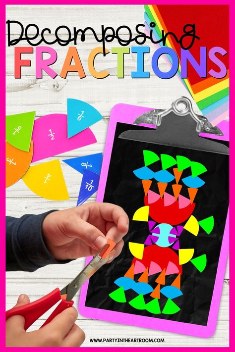 decomposing fractions math in art lesson Types Of Fractions, Fun Fractions Activities, Fractions Craft, Fractions For Kids, Fraction Art, Decomposing Fractions, Fractions Activity, 4th Grade Fractions, Fraction Lessons