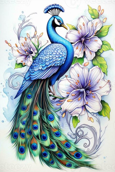 peacock with flowers and leaves on a white background. generative ai. Unique Tattoo Sketches, Peacock Feather Art, Colorful Tattoo, Peacock Feather Tattoo, Peacock Tattoo, Animals Painting, Colorful Peacock, Feather Tattoo Design, Bird Paintings