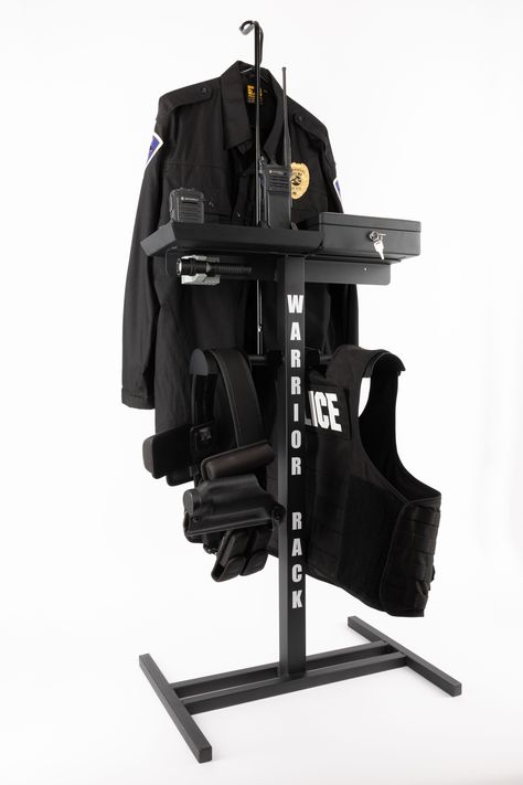 Warrior Rack 3 piece unit with Shepherd's Hook uniform hanger and FREE CUSTOM GRAPHICS Police Gear Stand, Cop Caddy, Warrior Rack, Law Enforcement Gear, Police Crafts, Belt Hanger, Car Ramps, Police Gear, Police Officer Gifts