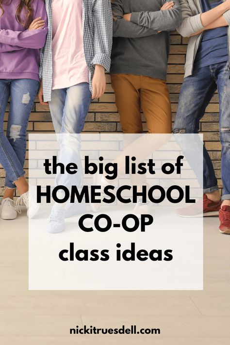 The big list of Homeschool Co-op class ideas - Nicki Truesdell Homeschool Meetup Ideas, Kindergarten Co Op Ideas, Co-op Art Class Ideas, High School Co-op Class Ideas, Co Op Class Ideas Homeschool Elementary, Coop Class Ideas Homeschool, Homeschool Co Op Ideas, Co Op Class Ideas Homeschool, Homeschool Extracurricular