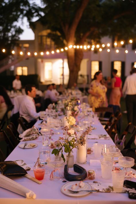 Candlelit and string light wedding reception dinner vibes at Austin Texas Wedding Venue Formal Garden Party Wedding, In The Moment Photos, Patio Reception, Floral Table Arrangements, Garden Party Reception, Formal Garden Party, Garden Party Table, Woodbine Mansion, Texas Garden