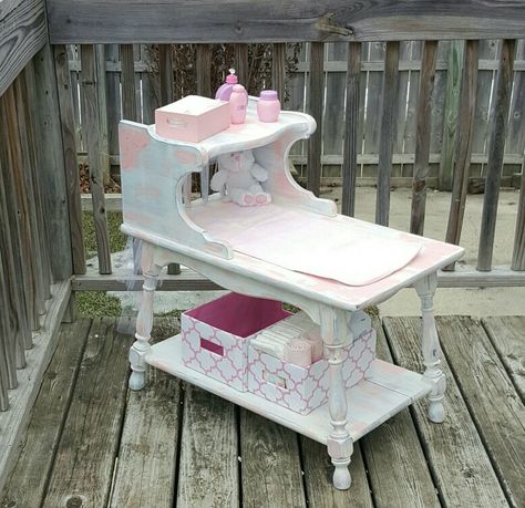 Side table made into distressed light pink, blue, and white child's play changing table for dolls. By Angie Hovorka Diy Doll Changing Table, Play Nursery For Dolls, Diy Baby Doll Furniture, Baby Doll Play Area, Babydoll Accessories, Baby Doll Changing Table, Diy Babydoll, Doll Changing Table, Baby Doll Stuff