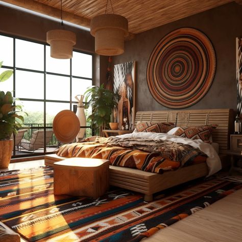 Africa Room Decor, African Style Bedroom Ideas, African Safari Bedroom, African House Interior Design, Nomad Style Interior, African Influence Interior Design, Afrohemian Bedroom, Africa Bedroom Ideas, Afrocentric Boho Decor