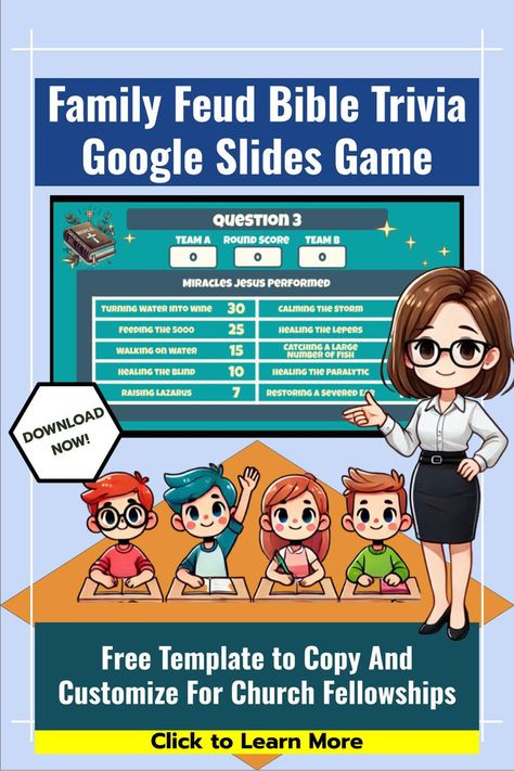 Free Google Slides template to copy and use. Customize and make your own game. Features 10 Old/New Testament trivia questions for you to play in your church bible study group. Family Feud Template, Bible Trivia Games, Church Fellowship, Make Your Own Game, Bible Trivia, 3 Strikes, Bible Study Group, Study Group, Trivia Game