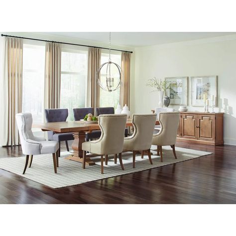 Lark Manor Lorenz 126.25'' Trestle Dining Table | Wayfair Rustic Dining Set, Double Pedestal Dining Table, Dining Table Rustic, Entertaining Space, Rectangle Dining Table, Coaster Furniture, Pedestal Dining Table, Upholstered Side Chair, Beautiful Chair