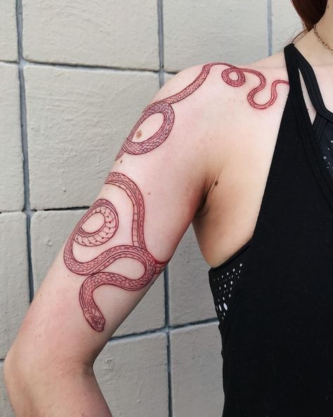 deep red striped whip snake for the beautiful soul who is actual lil ray of sunshine crystal faerie @lost__witch ✨🐍🍂 this pretty serpent… Red Snake Wrapped Around Arm Tattoo, Rap Around Snake Tattoo, Asp Snake Tattoo, Winding Snake Tattoo, Wraparound Snake Tattoo, Brown Snake Tattoo, Snake With Wings Tattoo, Ornamental Snake Tattoo, Snake Tattoos Arm Wraparound