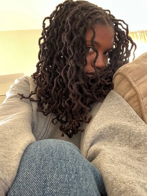 Curly Locs Aesthetic, Fantasy Hair Locs, One Loc In Back Of Hair, Women’s Locs, Wavy Locs Hairstyles, Layered Locs Hairstyles, Locs With Added Hair, Black Locs Black Women, Small Medium Locs