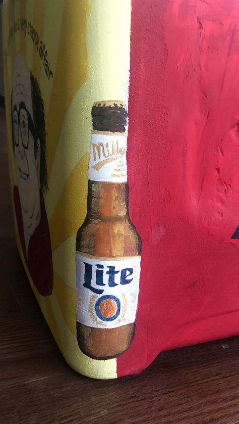 Free hand Miller Lite bottle painting Beer Bottle Painting, Cooler Ideas Fraternity, Budweiser Frat Cooler, Miller Lite Frat Cooler, Painted Beer Bottles, Frat Cooler Miller Lite, Miller Lite Cooler Painting, Miller Lite Painting, Hand Painted Coolers