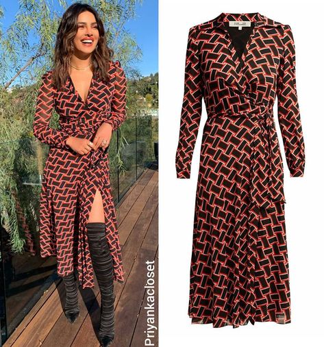 🍁🍁🍁@priyankachopra for her @YouTube channel Show #JustOneThing while interviewing @therealdvf . . Wearing @dvf Phoenix Wrap Mesh Dress $579… Dvf Wrap Dress Outfit, Diana Von Furstenberg, Jamie Chung Style, Diane Von Furstenberg 70s, Phoenix Dress, Wrap Dress Outfit, Dvf Wrap Dress, Front Knot Dress, 70s Dress