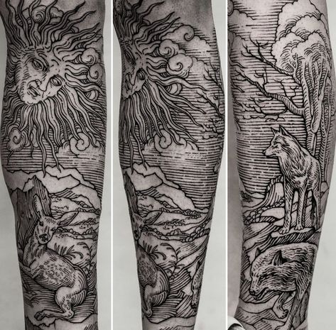 Element Tattoo, Gothic Tattoos, Etching Tattoo, Woodcut Tattoo, Engraving Tattoo, Medieval Tattoo, Full Sleeve Tattoo Design, Elements Tattoo, Medieval Gothic