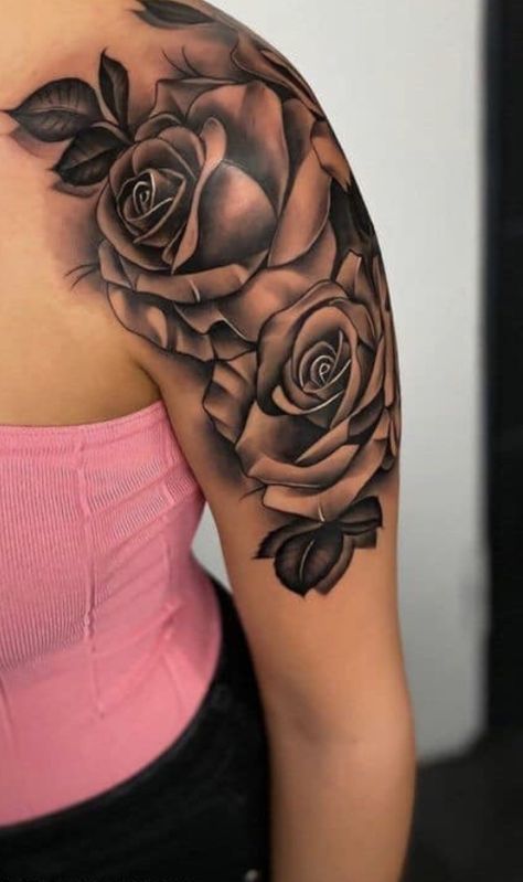 Front Shoulder Tattoo, Shoulder Tattoo Ideas, Black Rose Tattoo, Rose Tattoo Ideas, Front Shoulder Tattoos, Girl Shoulder Tattoos, Arm Sleeve Tattoos For Women, Rose Tattoo Sleeve, Rose Tattoos For Women