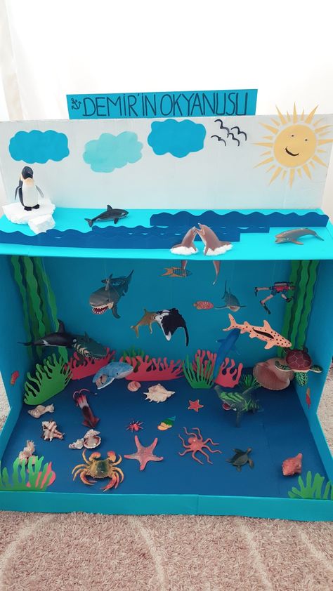 School Project Animal Habitat, Ecosystems Projects Shoebox Ocean, Ocean Diaroma, Ocean Diarama Ideas Kids, Ocean Habitat Project For Kids, Ocean Diorama Project Under The Sea, Ocean Habitat Project, Ocean Habitat Diorama, Ocean Diorama