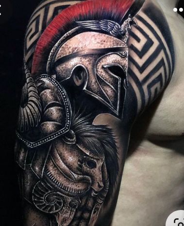 Spartan Helmet Tattoo, Cover Up Tattoos For Men, Shoulder Armor Tattoo, Fighter Tattoo, Roman Tattoo, Gladiator Tattoo, Spartan Tattoo, Last Kingdom, Armor Tattoo