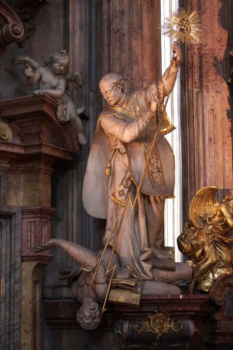 The statue of 'St. Ignatius of Loyola Defeating Heresy' in the Church of St. Nicholas, Prague. The heretic he is trampling on is Martin Luther, who is crushed by Divine Lightning emitted from the Most Blessed Sacrament. Saint Ignatius, Ignatius Of Loyola, St Ignatius Of Loyola, Catholic Artwork, Traditional Catholicism, Blessed Sacrament, Saint Quotes Catholic, St Ignatius, Religious Images